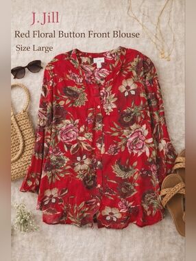 J. Jill Red Floral Button Front Blouse Size Large Boho Lightweight Rayon Top